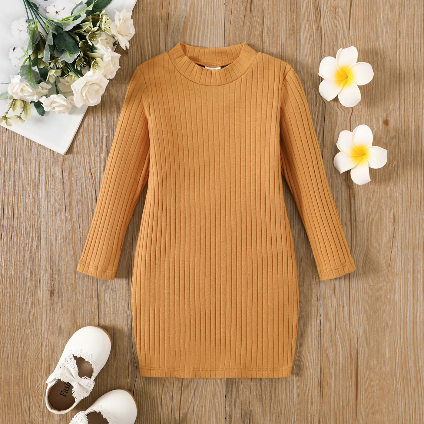 Toddler Girl Solid Basic Style Long Sleeves Dress Ginger