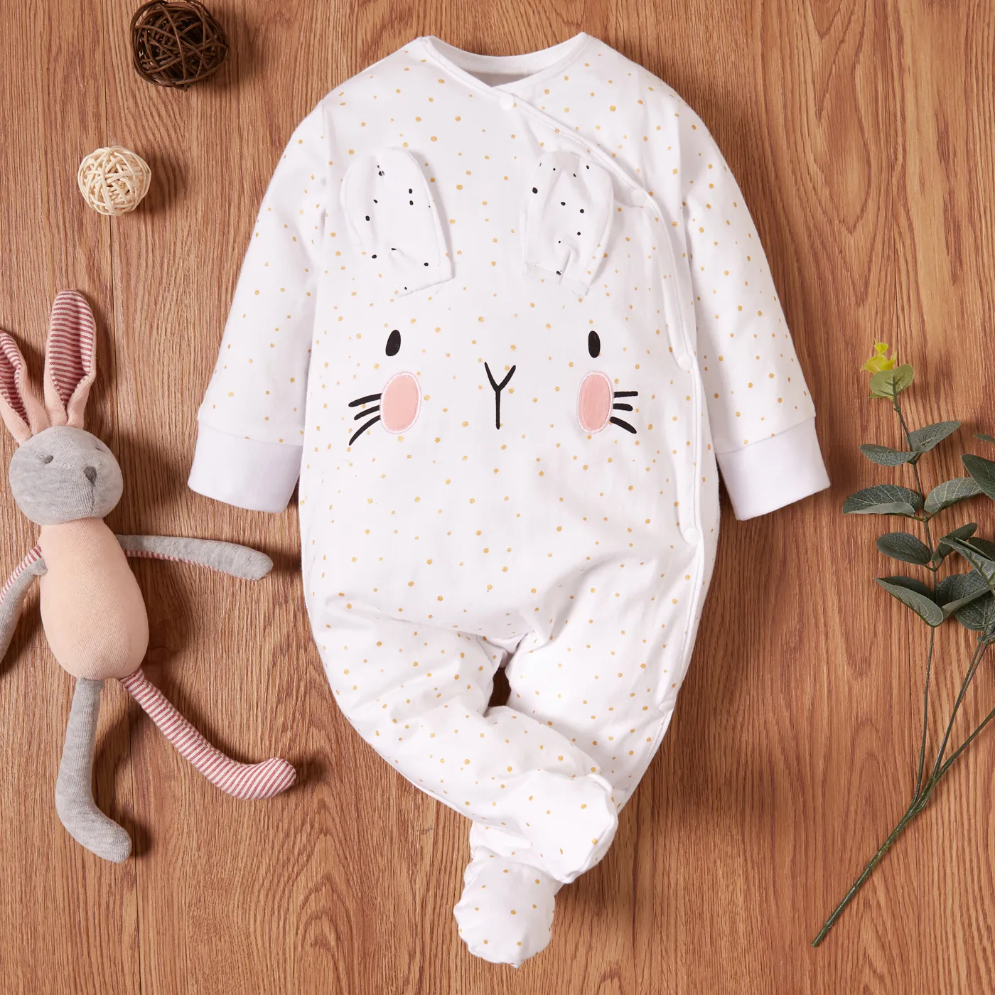 Rabbit Print 3D Ear Desert Dotted Footed/footie Long-sleeve White Baby Jumpsuit