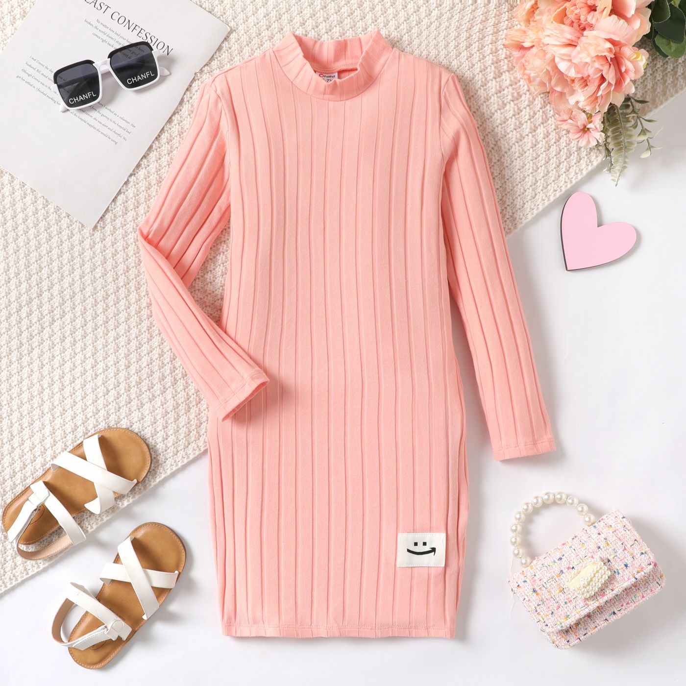 

Kid Girl Graphic Patched Long-sleeve Rib-knit Bodycon Dress