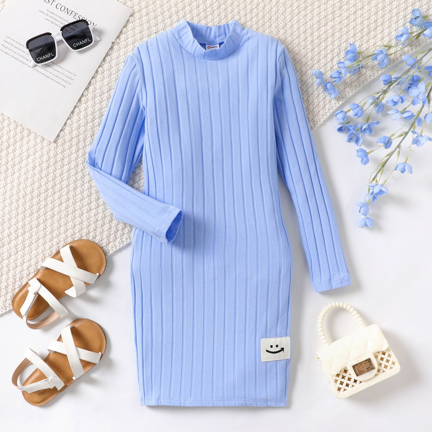 

Kid Girl Graphic Patched Long-sleeve Rib-knit Bodycon Dress