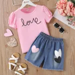 2pcs Kid Girl Letter Print Short-sleeve Top and Heart Graphic Denim Shorts Set  Pink