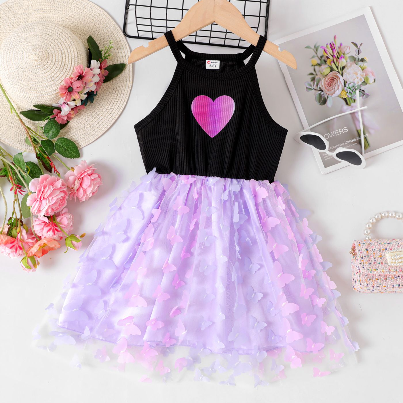 Kid Girl 3D Butterfly Applique Mesh Panel Heart Graphic Rib-knit Halter Neck Fairy Dress