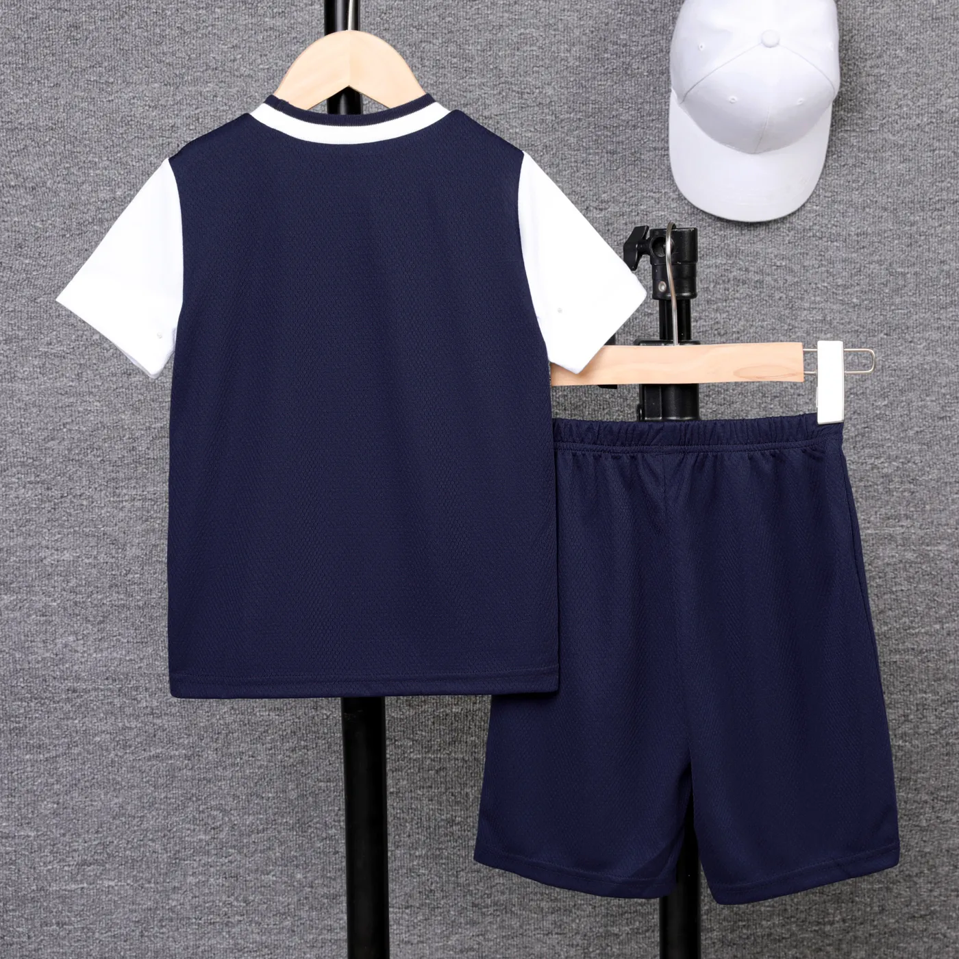 2pcs Kid Boy Letter Number Print Two Tone Colorblock Sports Top and Shorts Set  Dark Blue image 2