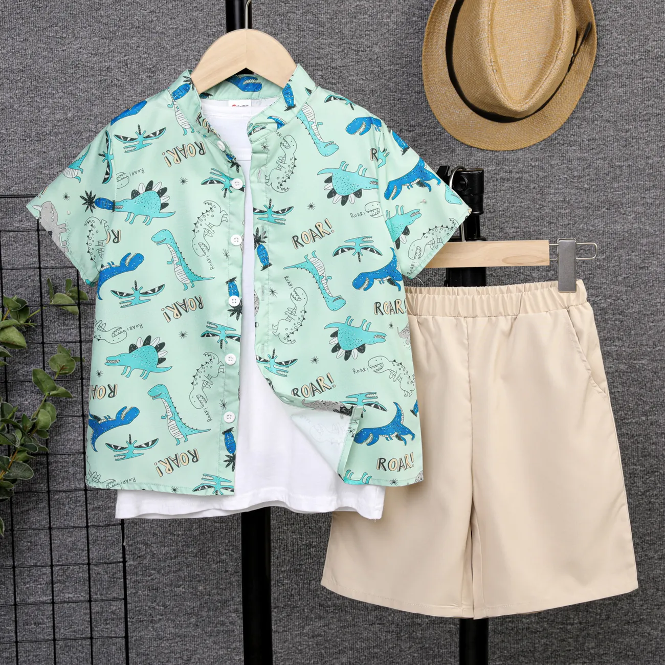 2pcs Kid Boy Allover Dinosaur Print Short-sleeve Shirt and Solid Shorts Set    big image 1