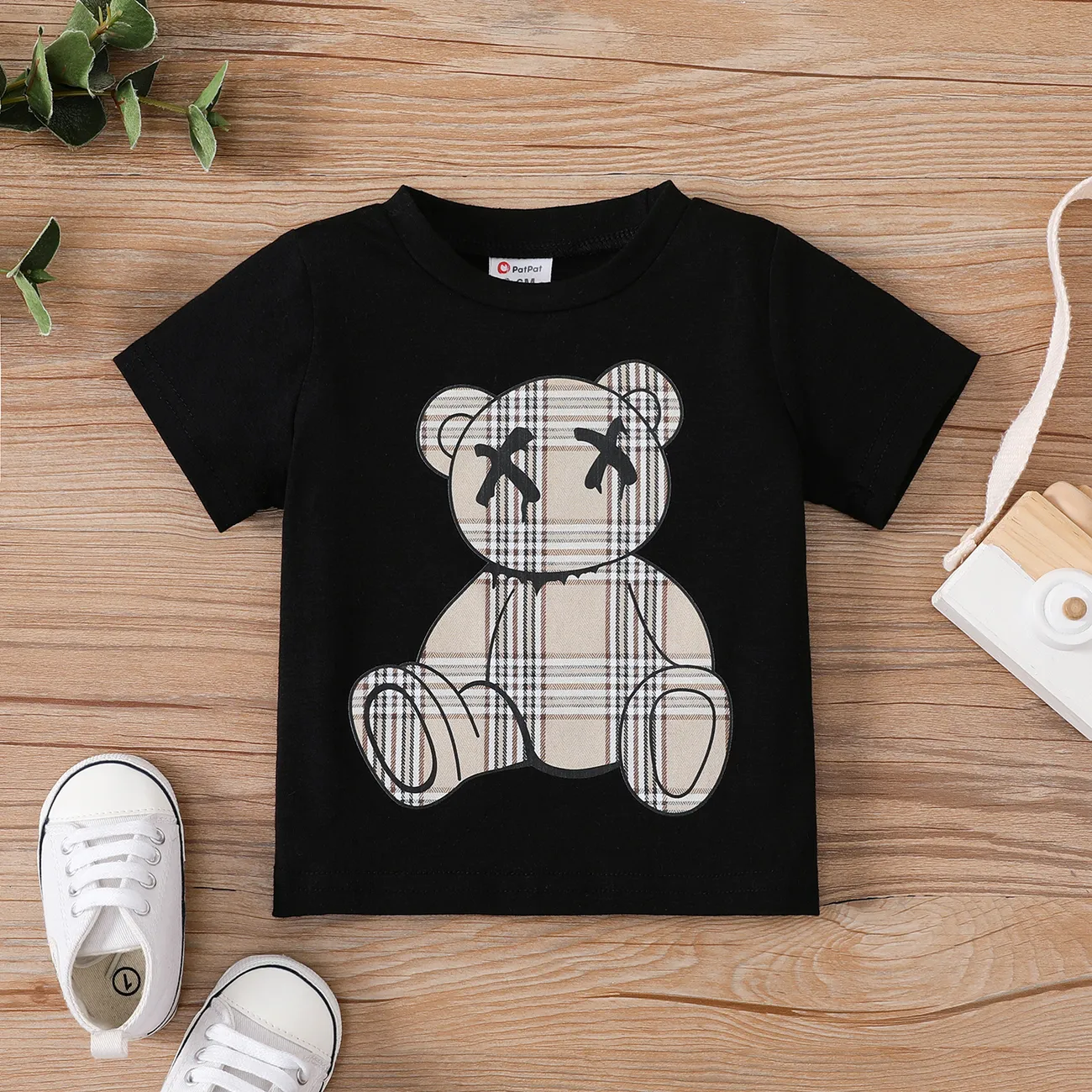 Baby Girl/Boy Plaid Bear Graphic Short-sleeve Tee  Black big image 1