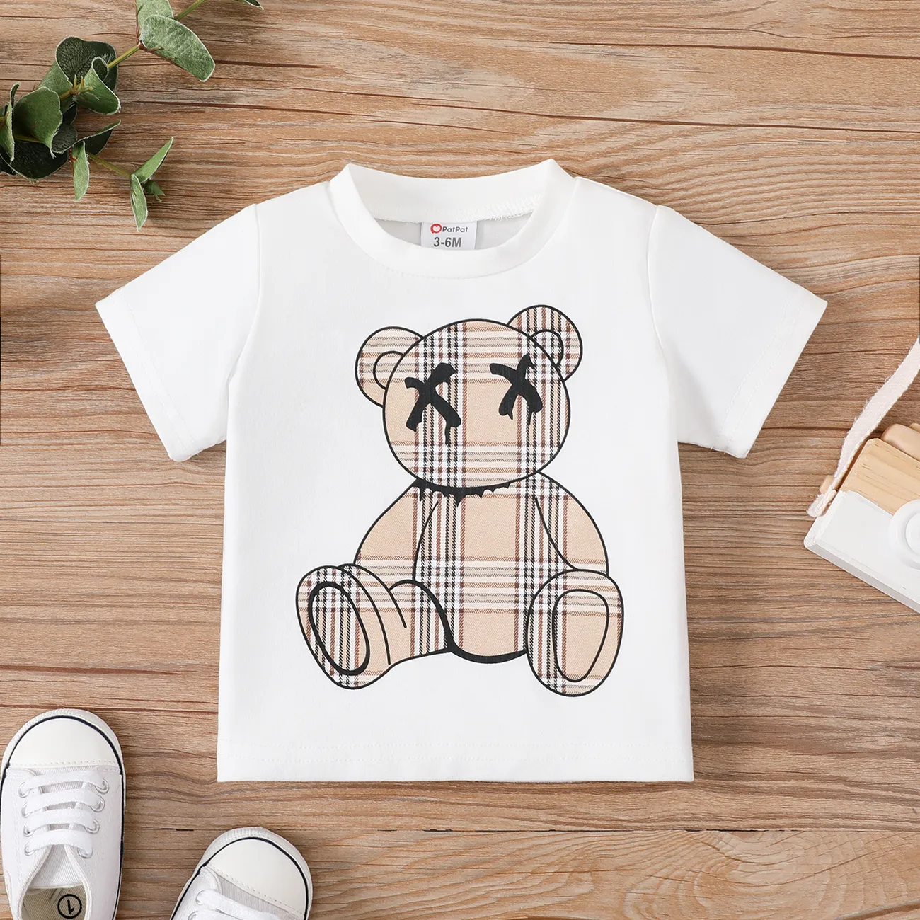 Bebé Unissexo Urso Infantil Manga curta T-shirts Branco big image 1