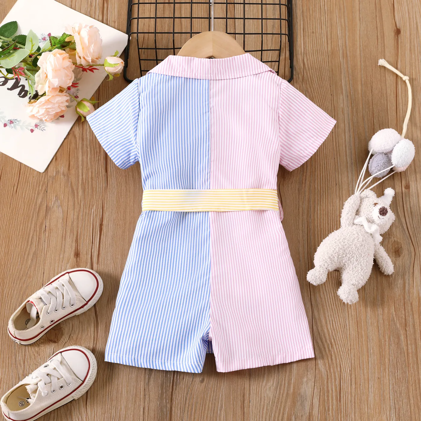 Toddler Girl Colorblock Stripe Belted Shirt Romper  image 2