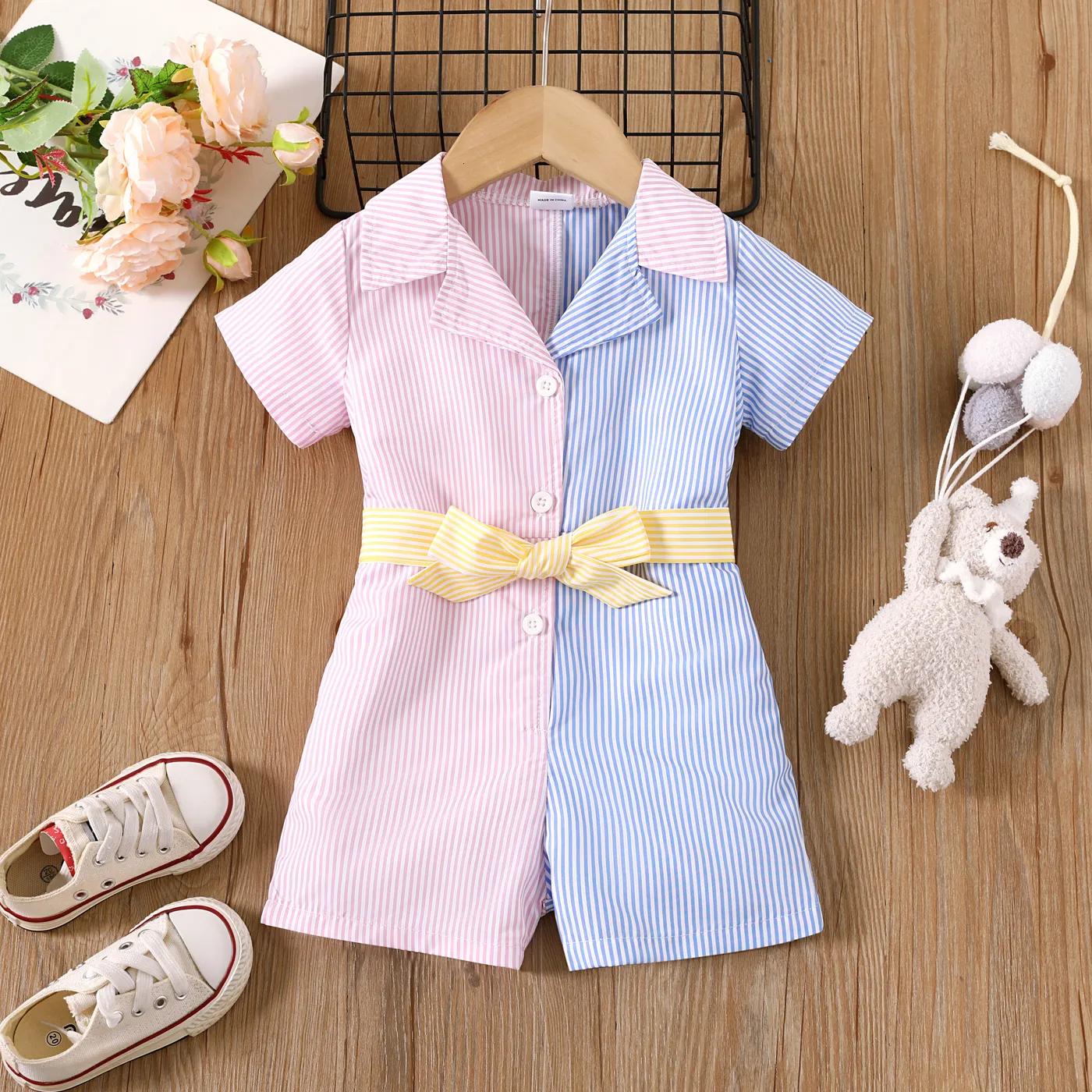 Toddler Girl Colorblock Stripe Belted Shirt Romper  big image 1
