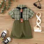 2pcs Toddler Boy Front Buttons Bow Tie Plaid Lapel Collar Short-sleeve Top and Pockets Overalls Set  image 2