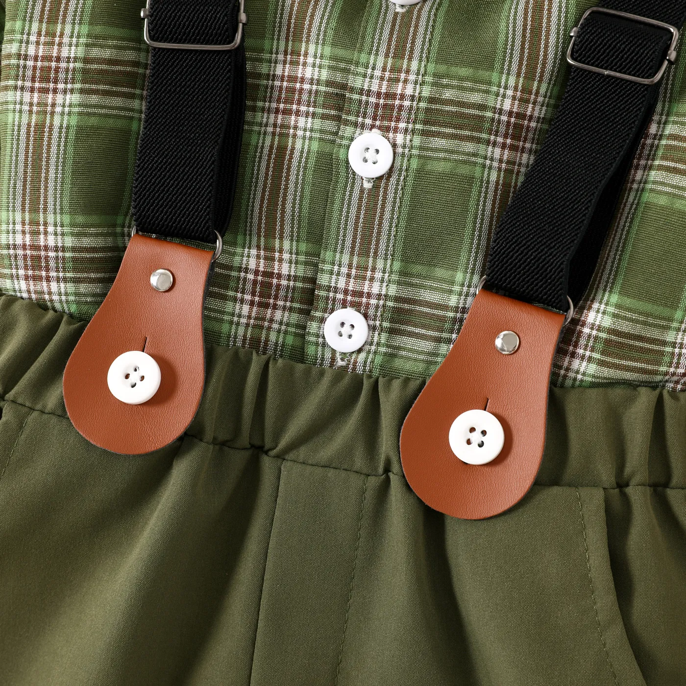 2pcs Toddler Boy Front Buttons Bow Tie Plaid Lapel Collar Short-sleeve Top and Pockets Overalls Set  image 4