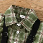 2pcs Toddler Boy Front Buttons Bow Tie Plaid Lapel Collar Short-sleeve Top and Pockets Overalls Set  image 3