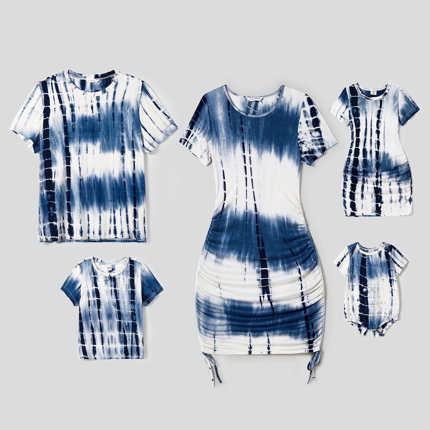 

Family Matching Tie Dye Drawstring Ruched Side Short-sleeve Bodycon Dresses and T-shirts Sets