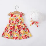 2pcs Baby Girl Allover Floral Print Bow Decor Strappy Dress and Hat Set  image 2