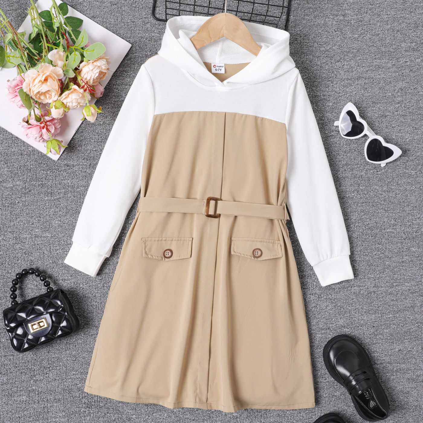 

Kid Girl Color Block Long-sleeve Belted Hooded Dress