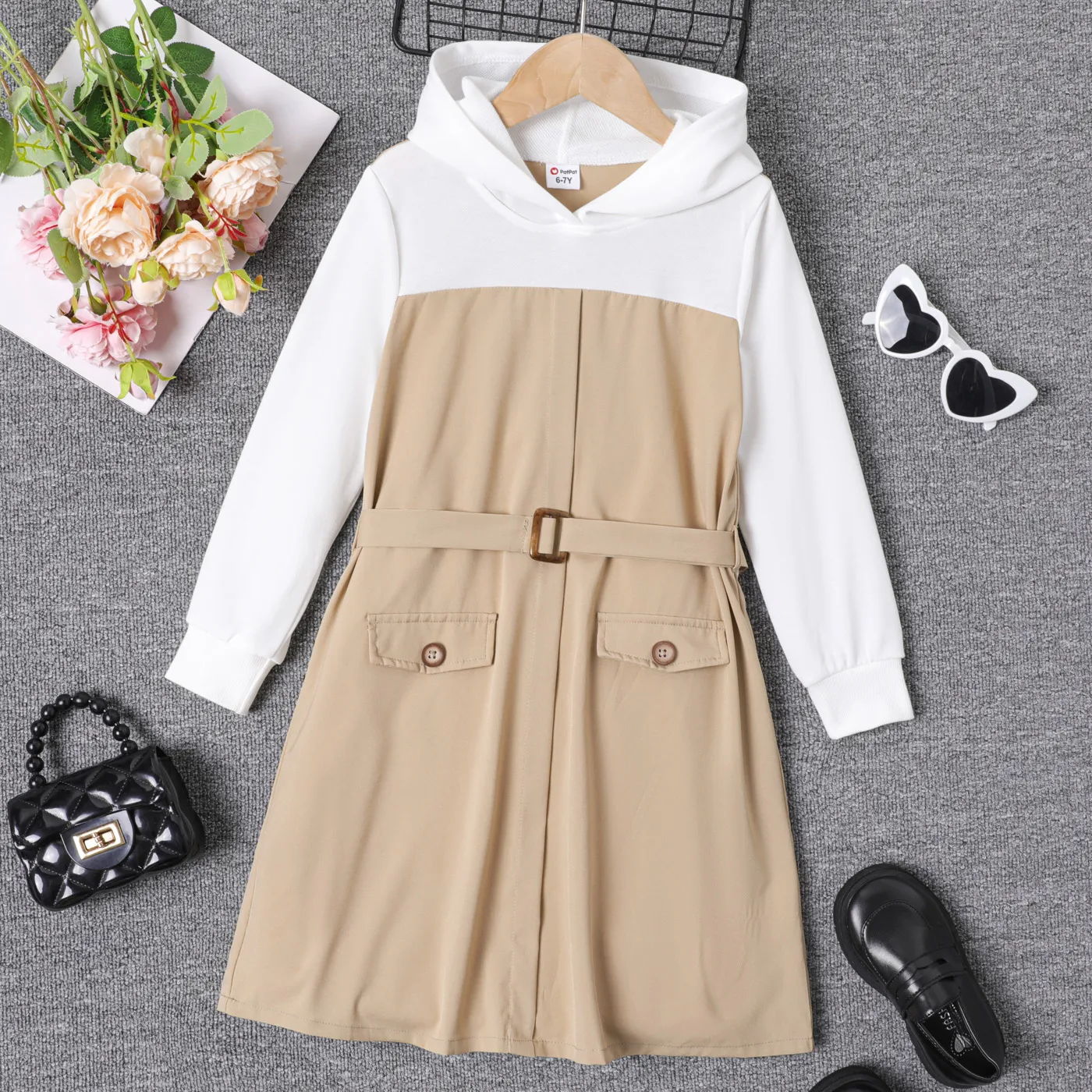 Kid Girl Color Block Long-sleeve Belted Hooded Dress   big image 1