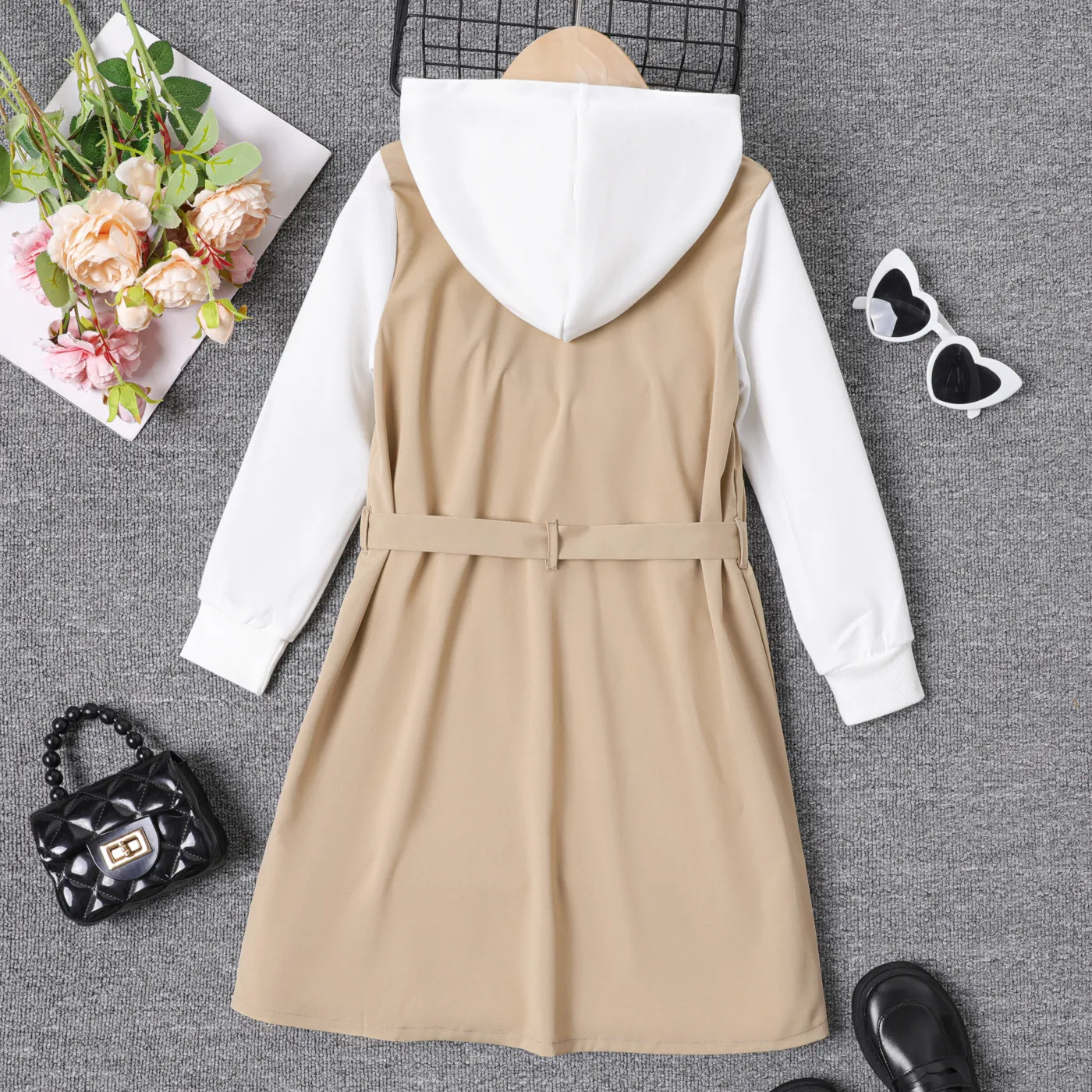 Kid Girl Color Block Long-sleeve Belted Hooded Dress   image 2