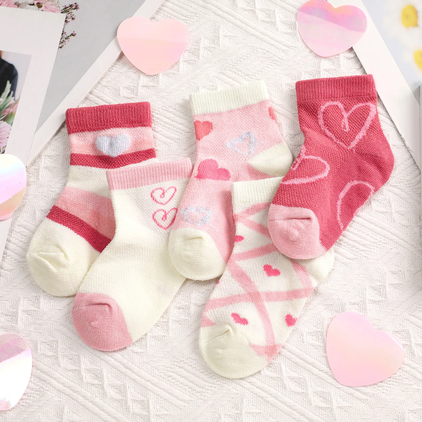 5 Pairs Baby/Toddler/Kid Girl Pink Love Pattern Thin Eyelet Socks