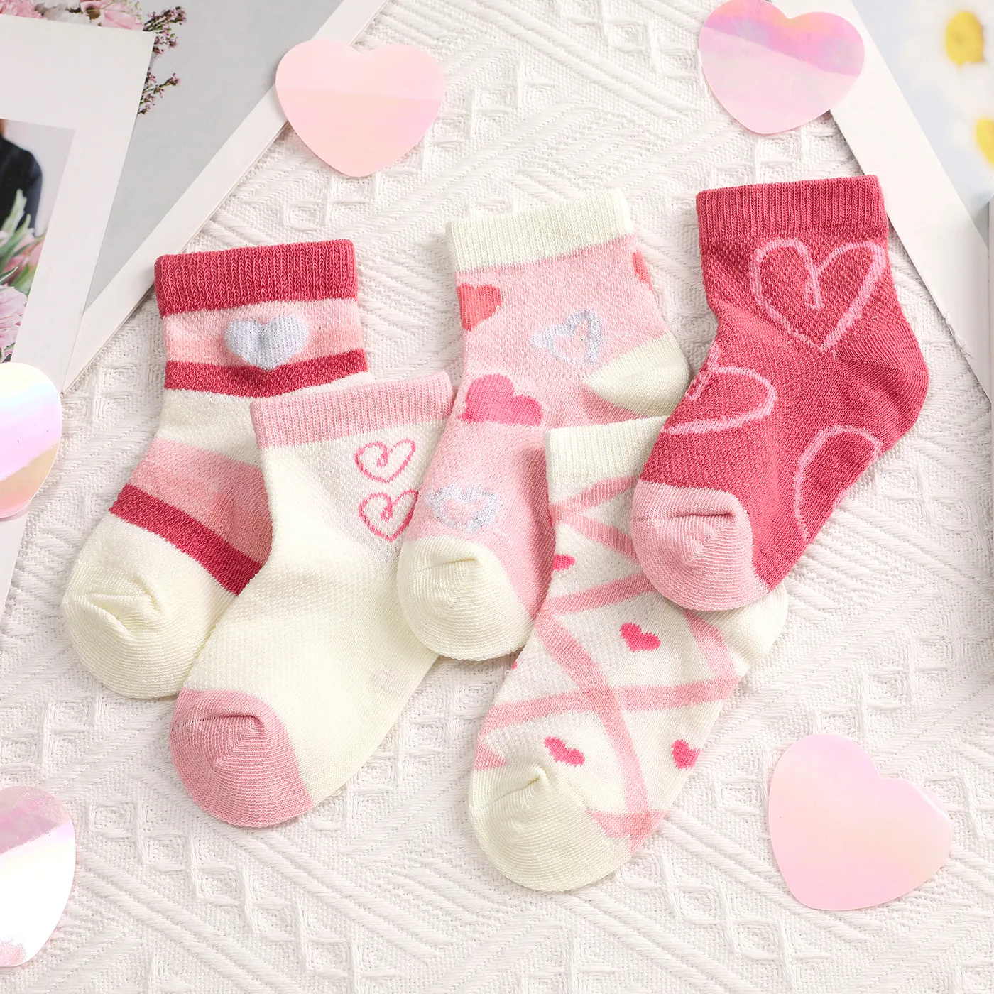 5 Pairs Baby/Toddler/Kid Girl Pink Love Pattern Thin Eyelet Socks Only