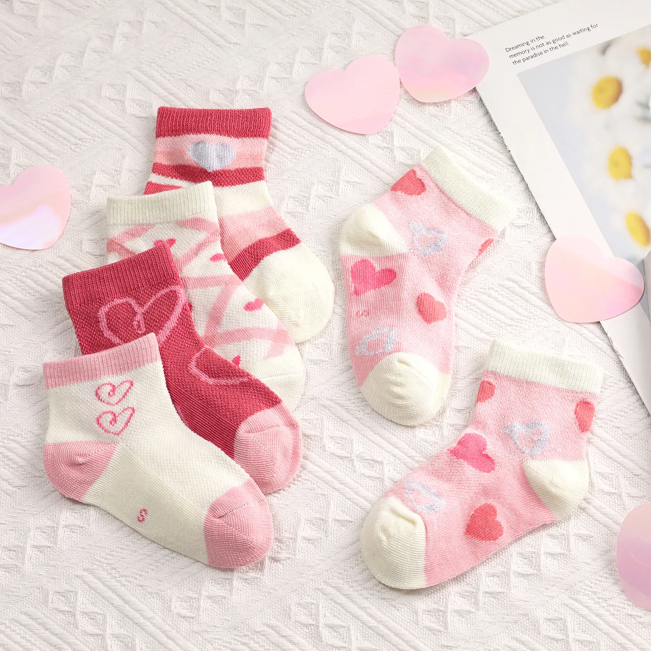 5 Pairs Baby/Toddler/Kid Girl Pink Love Pattern Thin Eyelet Socks Pink big image 1