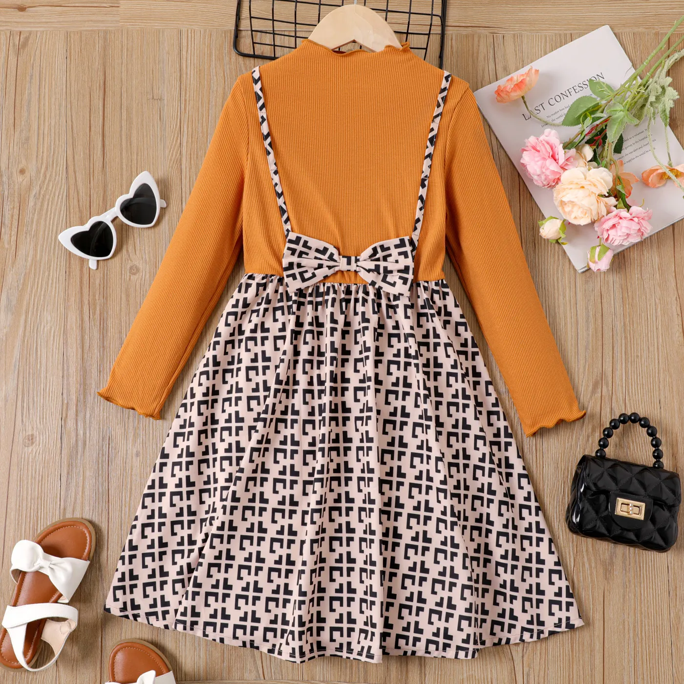 Kid Girl Bow Decor Geo Spliced Rib-knit 2 In 1 Long-sleeve Dress  YellowBrown big image 1