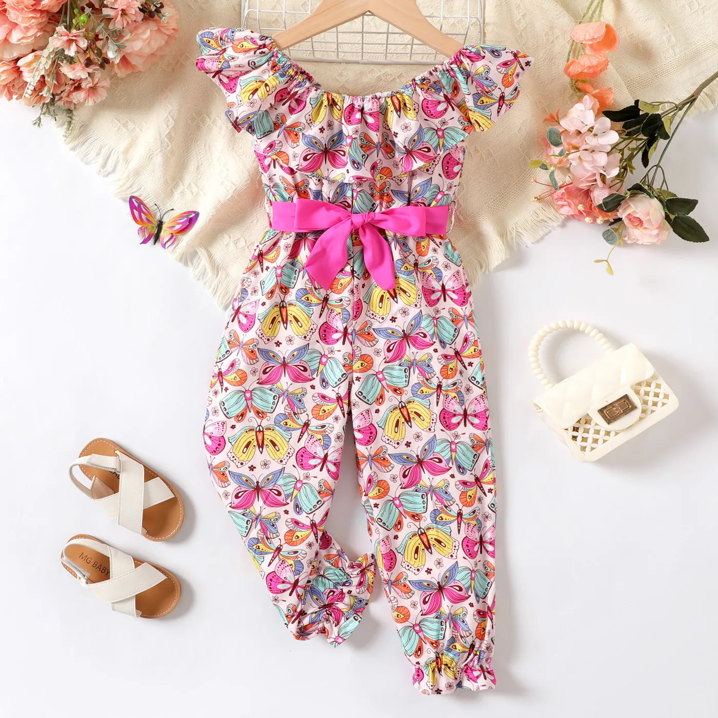 

Toddler Girl Allover Butterfly Print Belted Ruffled Tank Jumpsuit