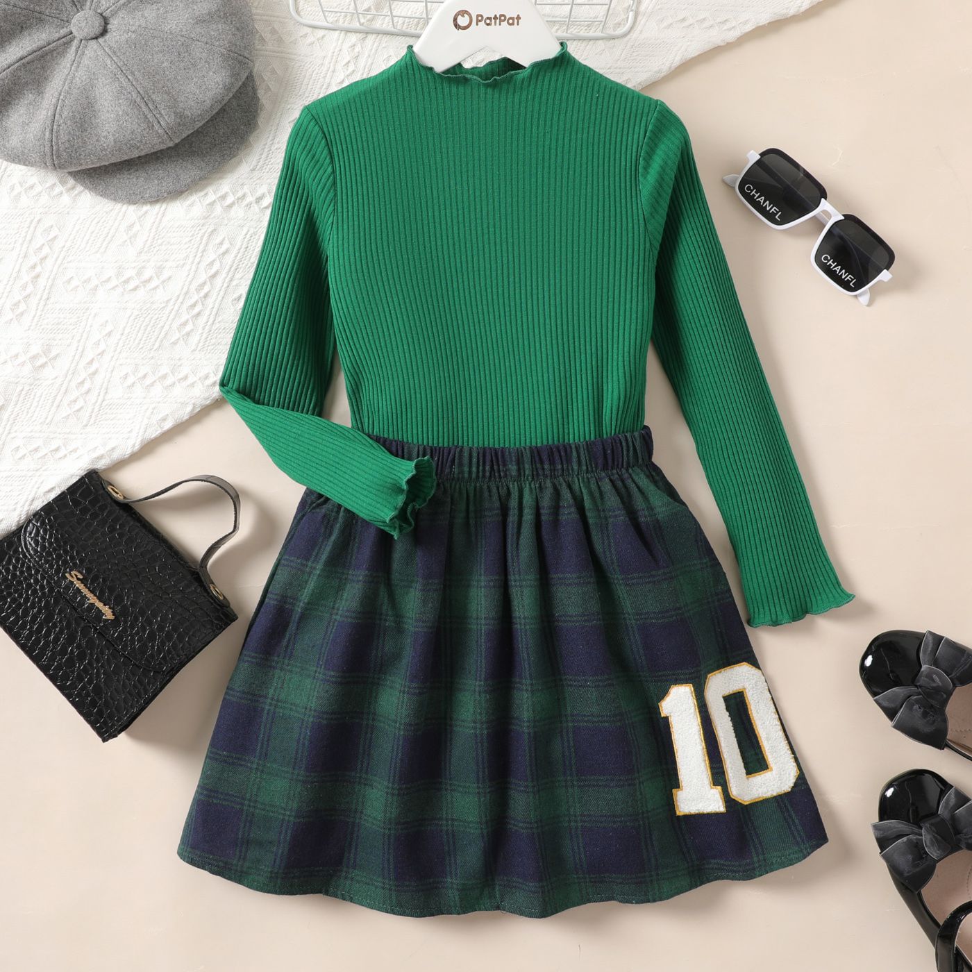 2pcs Kid Girl Ribbed Ruffle Solid Long-sleeve Top and Number Embroidery Plaid Skirt Set
