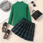 2pcs Kid Girl Ribbed Ruffle Solid Long-sleeve Top and Number Embroidery Plaid Skirt Set  image 5