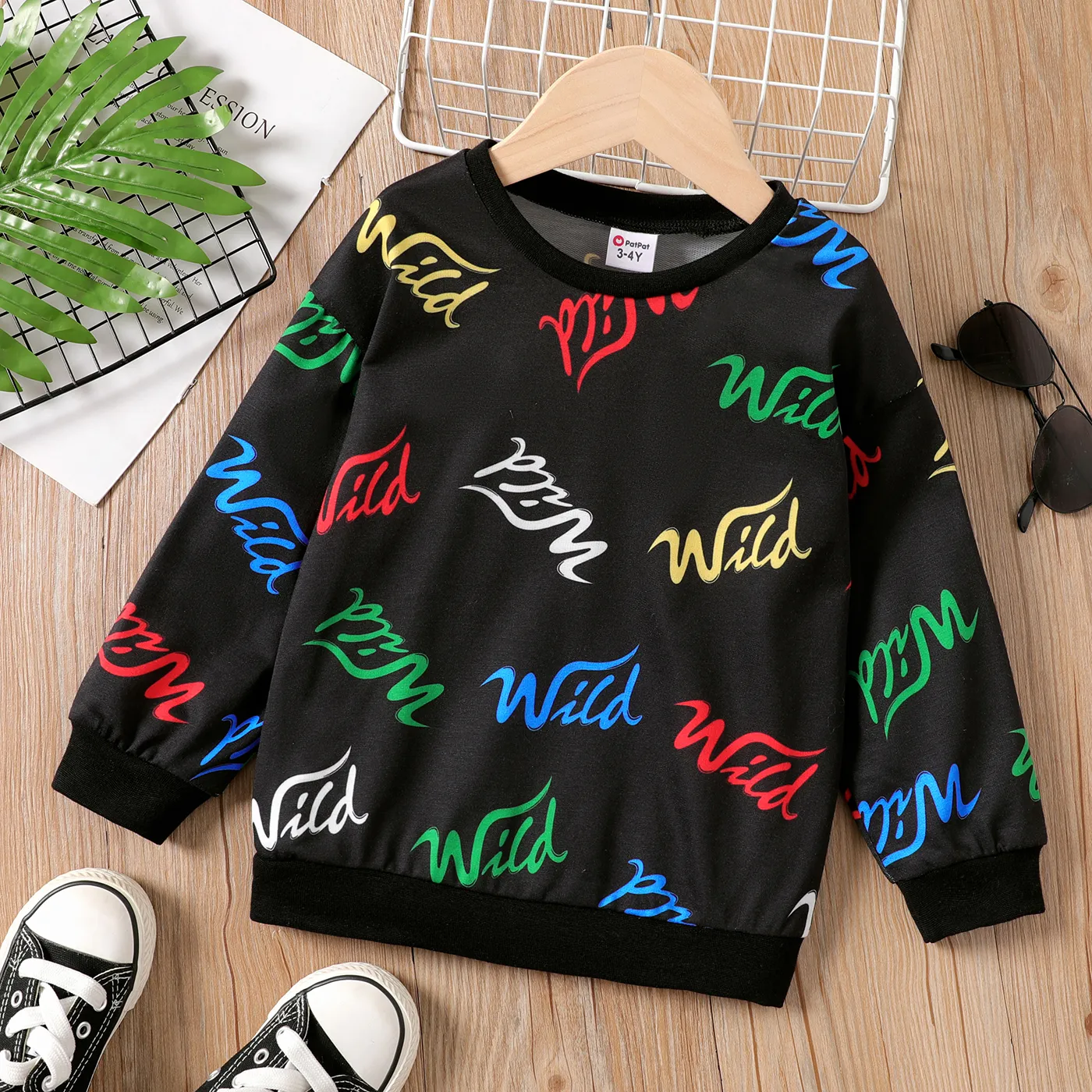 Toddler Boy Allover Letters Print Long-sleeve Sweatshirt  Black big image 1