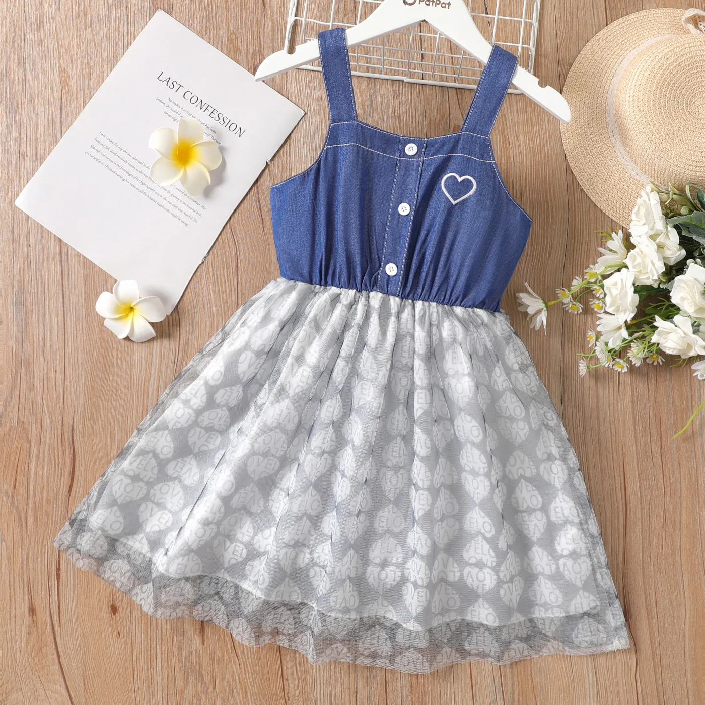 Kid Girl Heart Graphic Mesh Panel Cami Dress  DENIMBLUE big image 1