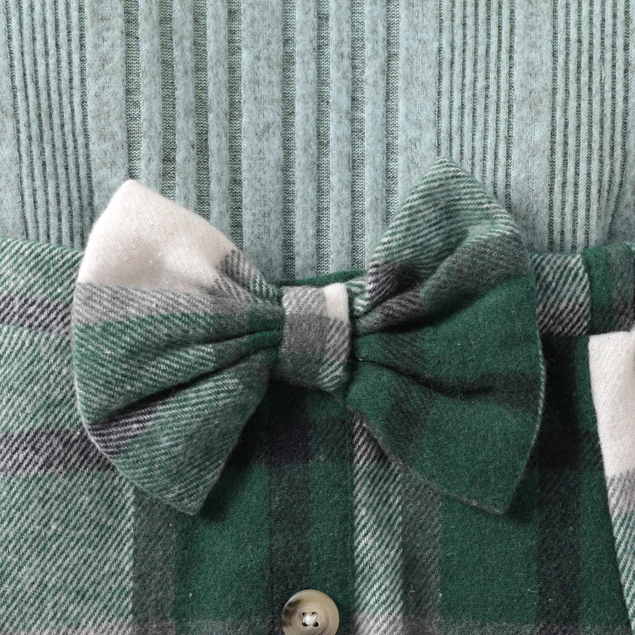 2pcs Kid Girl Long-sleeve Sweater and Bow Decor Plaid Skirt Set  Green big image 1