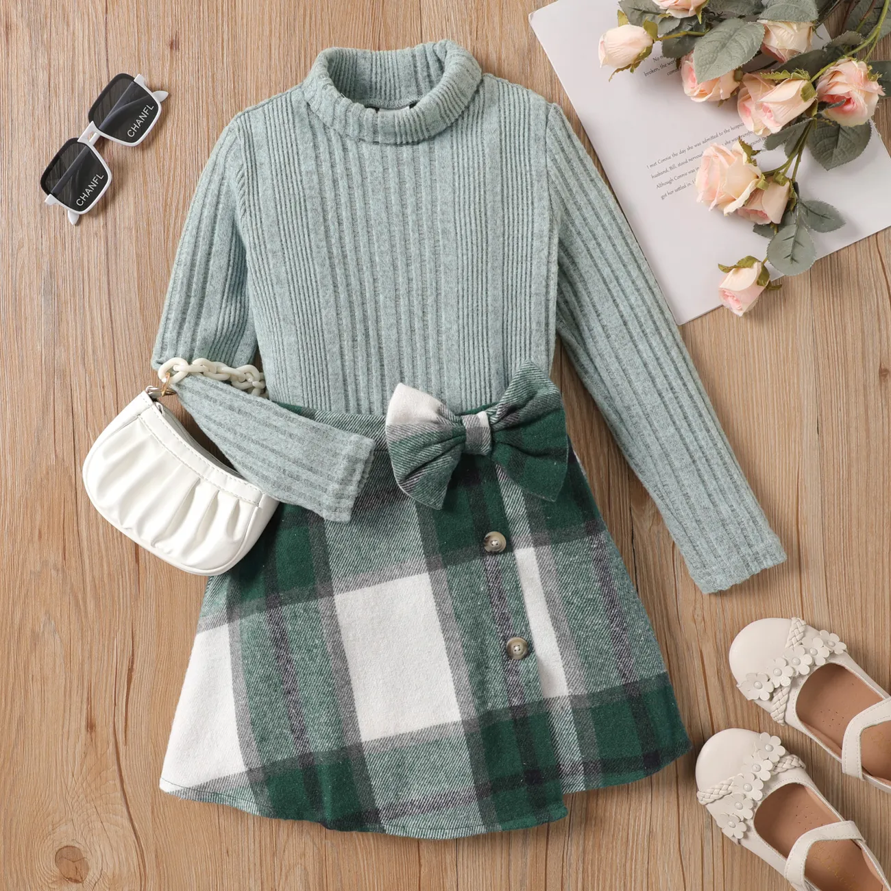 2pcs Kid Girl Long-sleeve Sweater and Bow Decor Plaid Skirt Set  Green big image 1