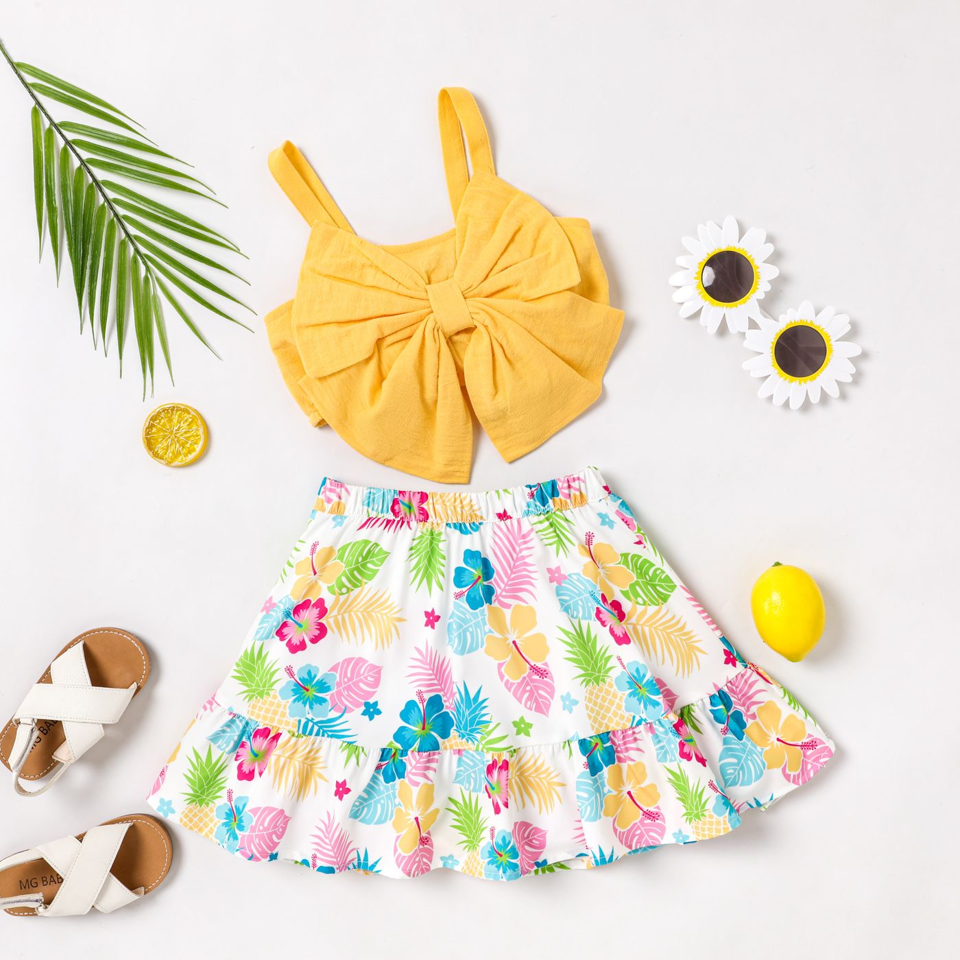 2pcs Toddler Girl 100% Cotton Bow Front Crop Camisole And Plant Floral Print Skirt Set