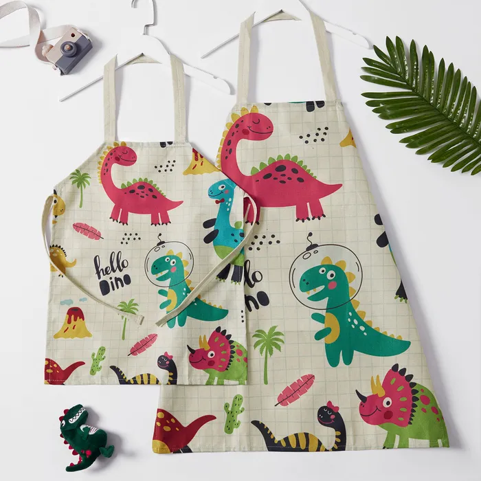 niedliche Leinenschürzen mit Dinosaurier-Print für Mama und mich