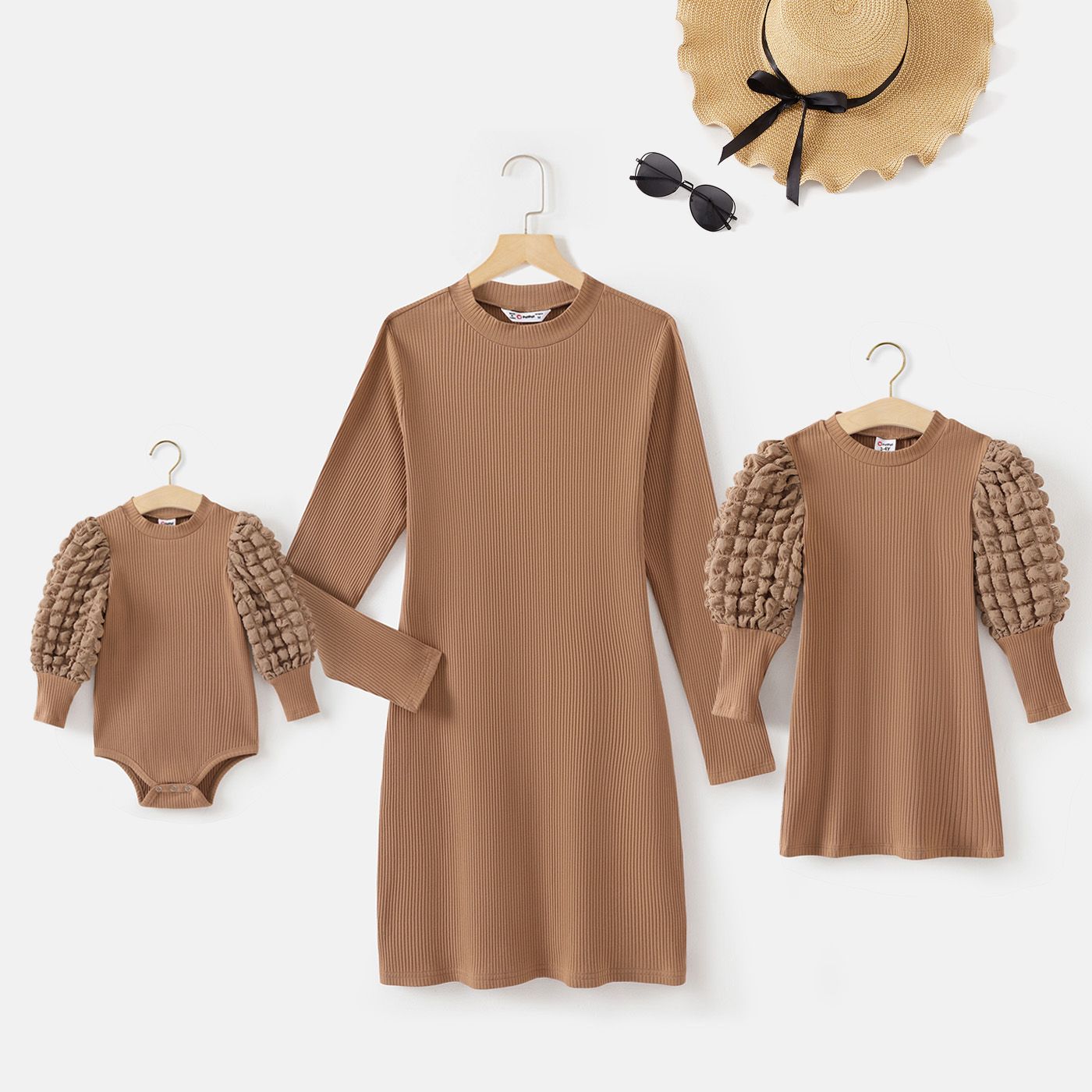 

Basic Beige Knit Dresses Long Sleeve For Mom and Me