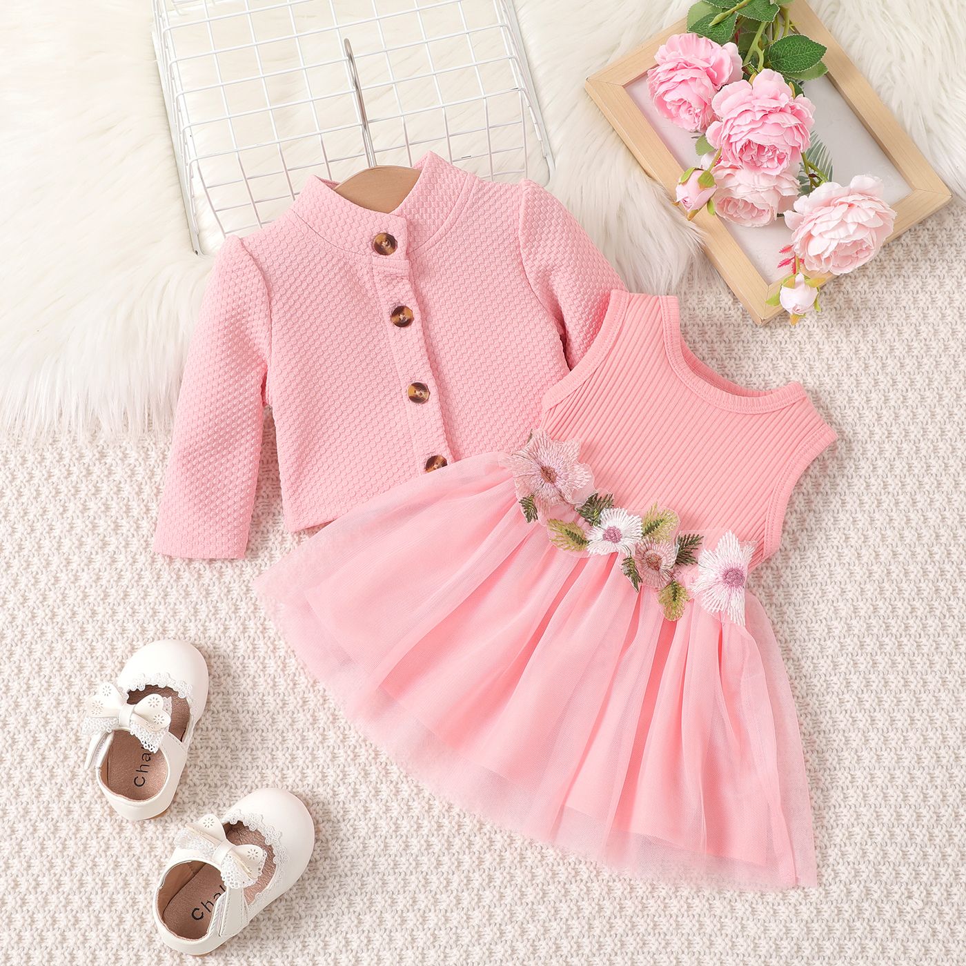 2pcs Baby Girl Buttons Front Long-sleeve Textured Jacket And Floral Decor Mesh Panel Tank Dress Set