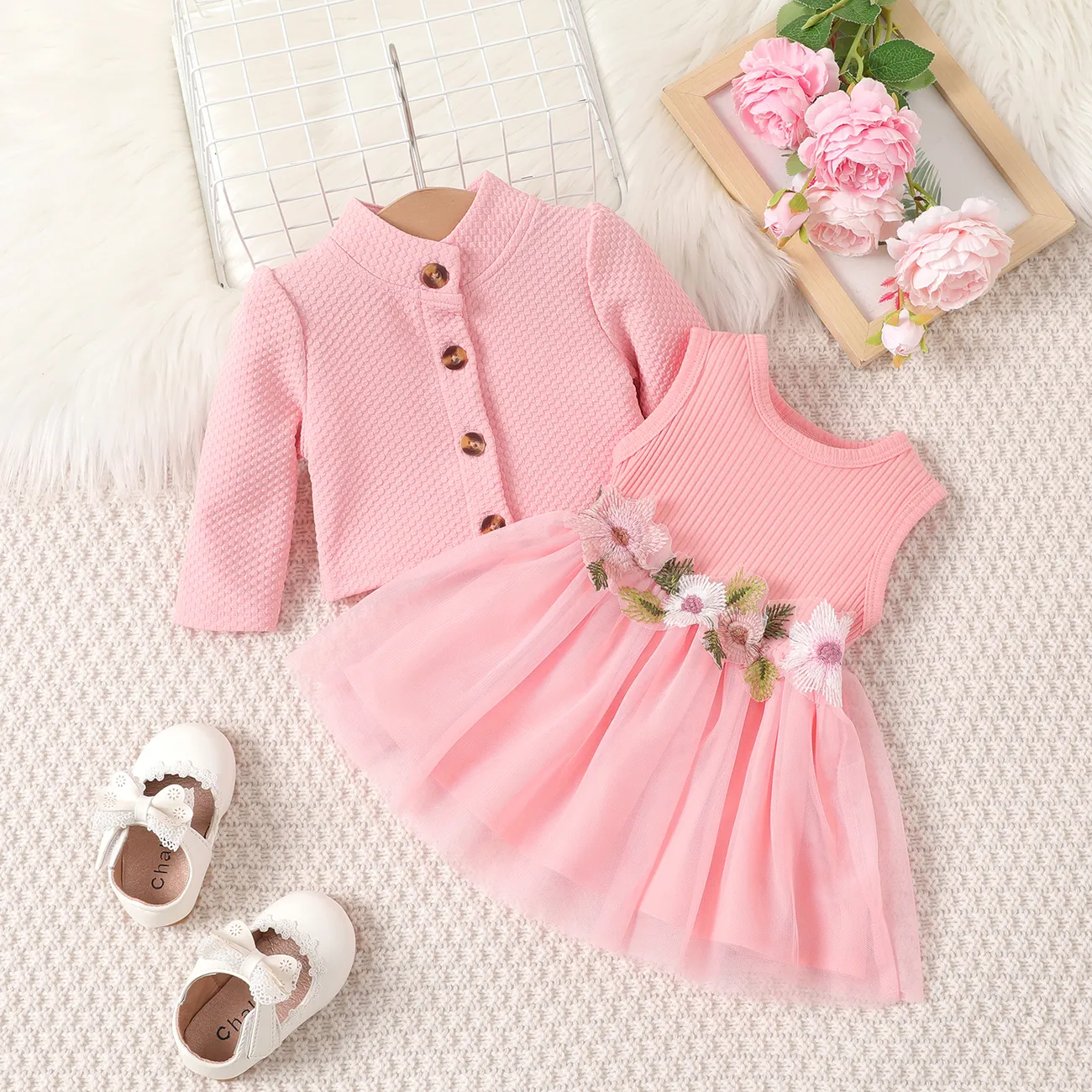 2pcs Baby Girl Buttons Front Long-sleeve Textured Jacket and Floral Decor Mesh Panel Tank Dress Set  big image 1
