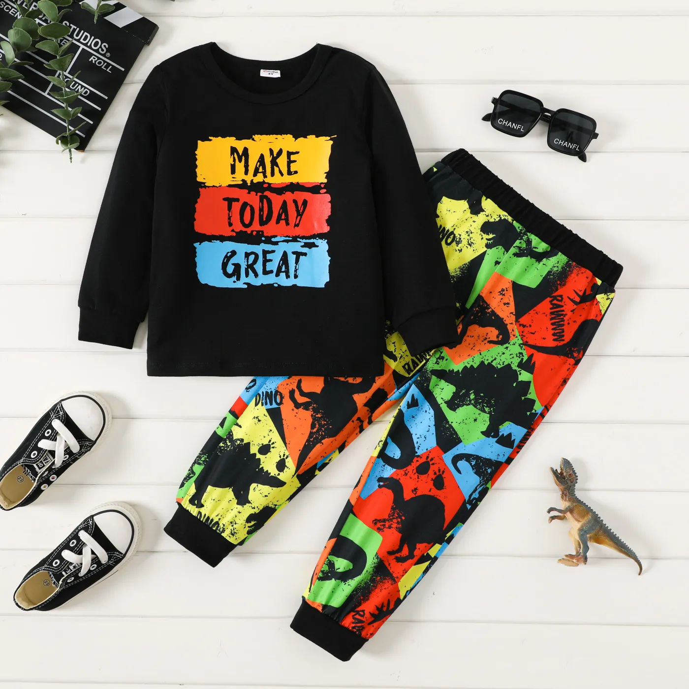 2pcs Toddler Boy Colorful Letter Print Long-sleeve Tee and Dinosaur Print Pants Set 