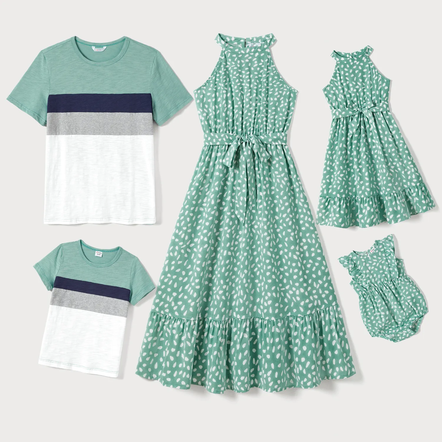 Family Matching Allover Print Belted Halterneck Dresses And Colorblock Short-sleeve T-shirts Sets
