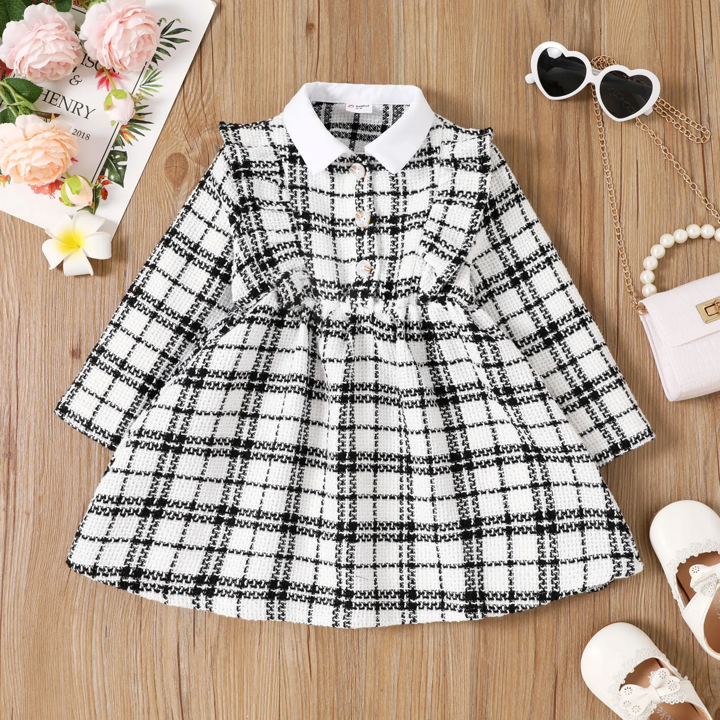 Toddler Girl Classic Grid Pattern Ruffle Edge Dress BlackandWhite big image 1