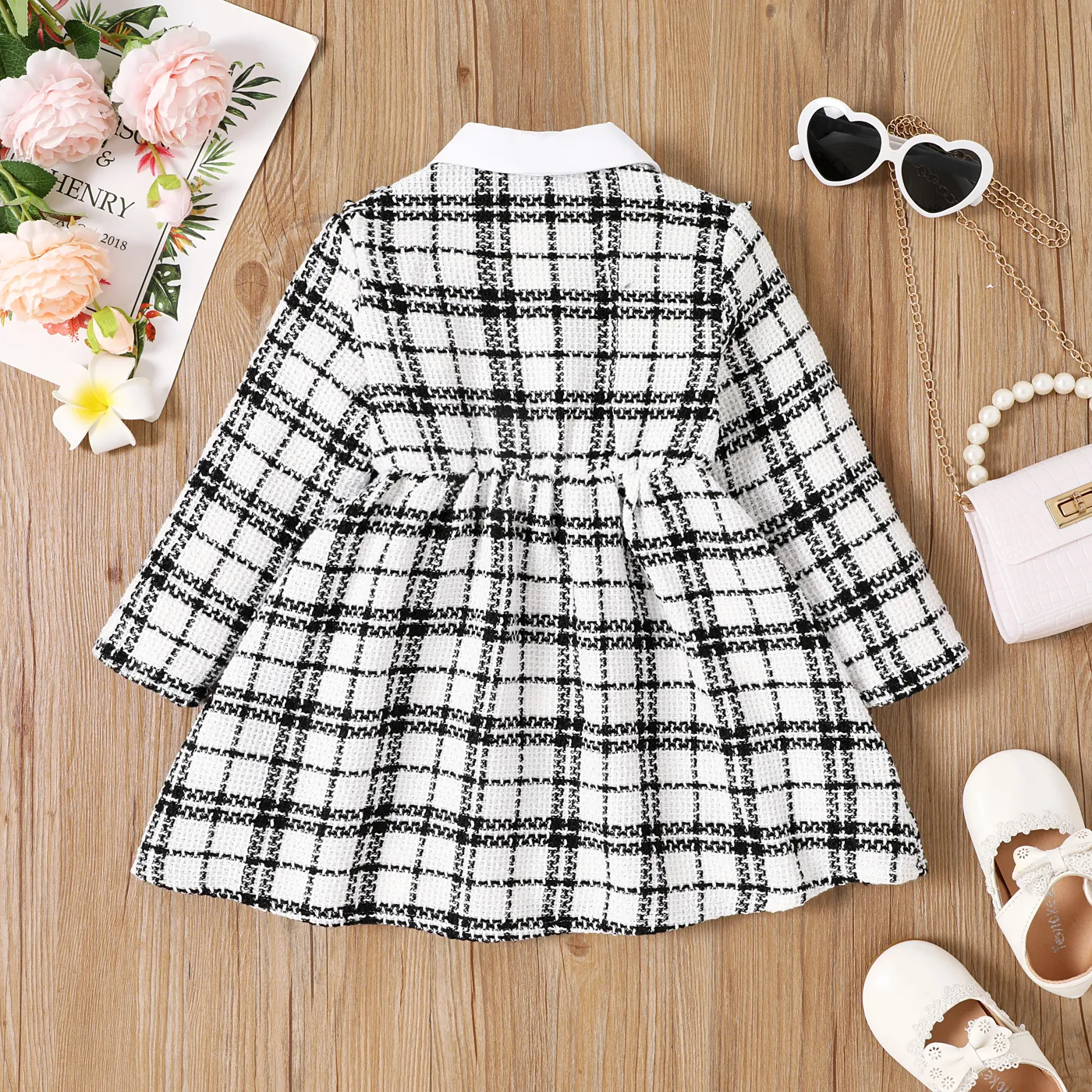 Toddler Girl Classic Grid Pattern Ruffle Edge Dress BlackandWhite image 2