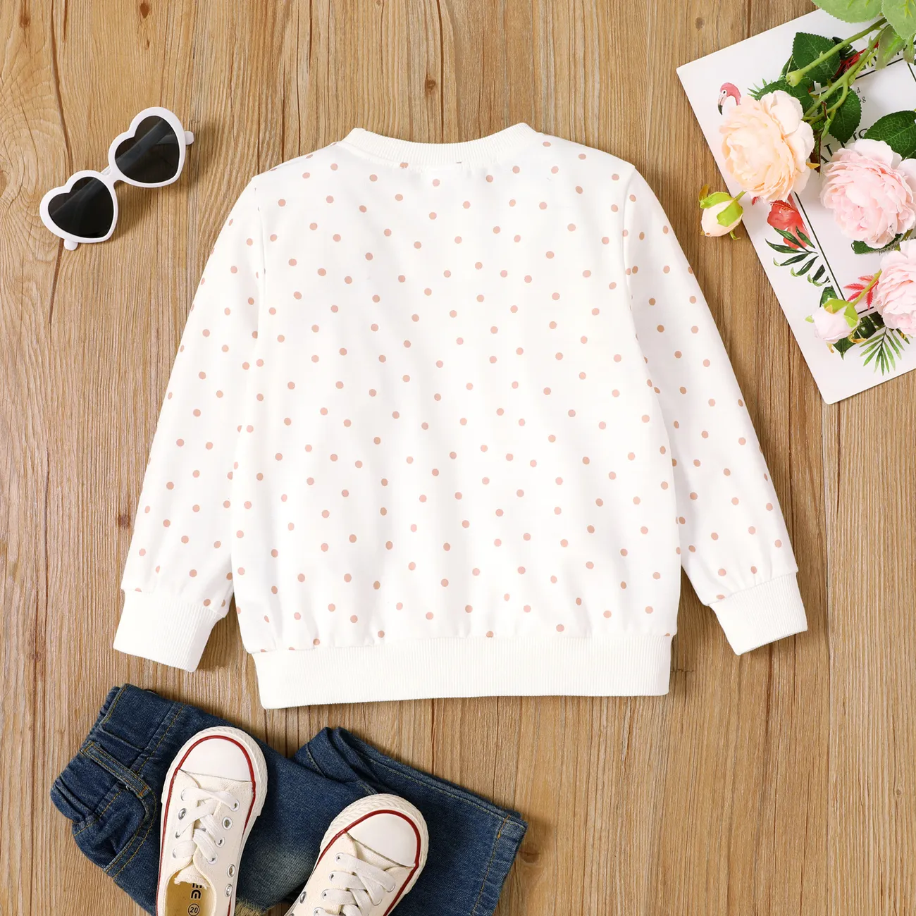 Toddler Girl Bear & Floral & Polka Dots Print Long-sleeve Pullover Sweatshirt   White big image 1