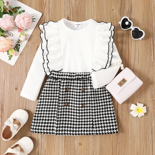 2pcs Toddler Girl Ruffle Ribbed Long-sleeve Top and Buttons Houndstooth Skirt Set