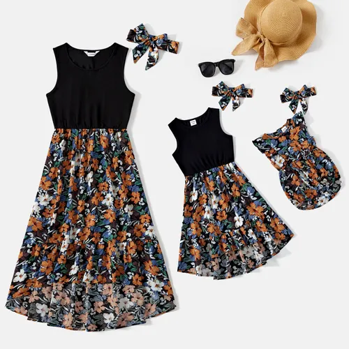 Mommy and Me Floral Panel Tank Dresses with Headband Set