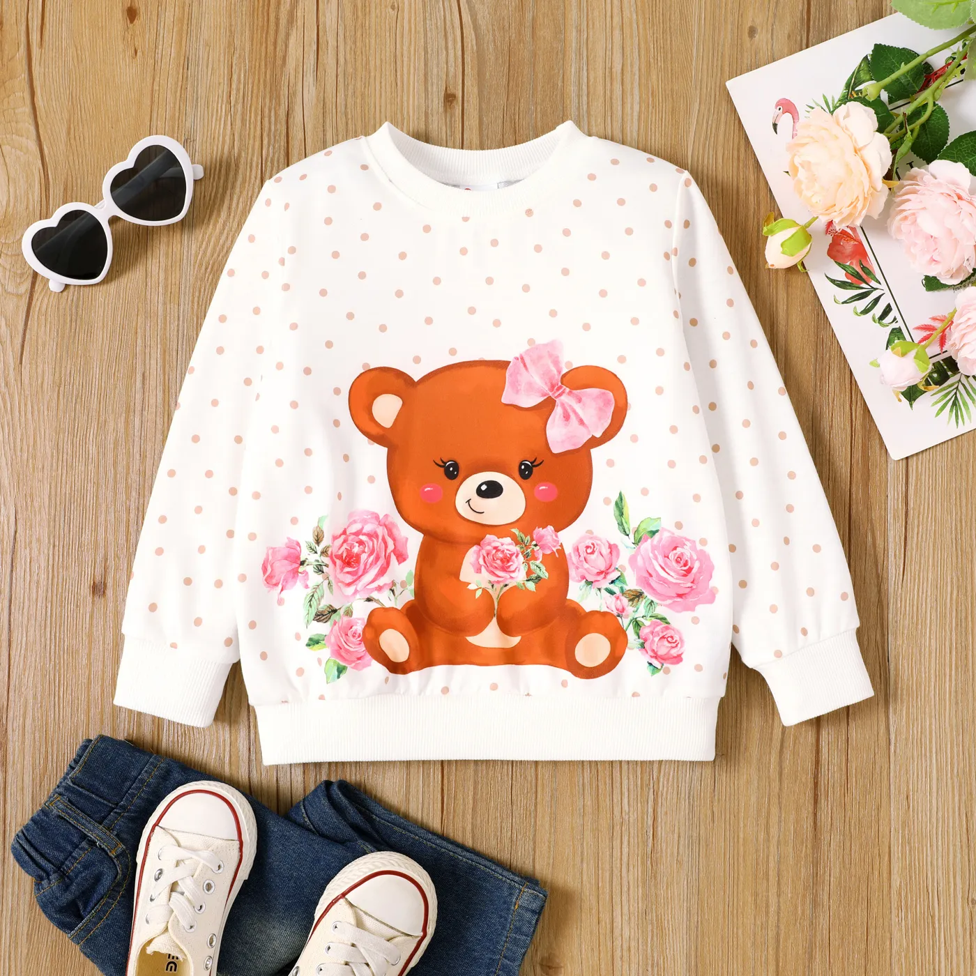 Toddler Girl Bear & Floral & Polka Dots Print Sweat-shirt Pullover à Manches Longues