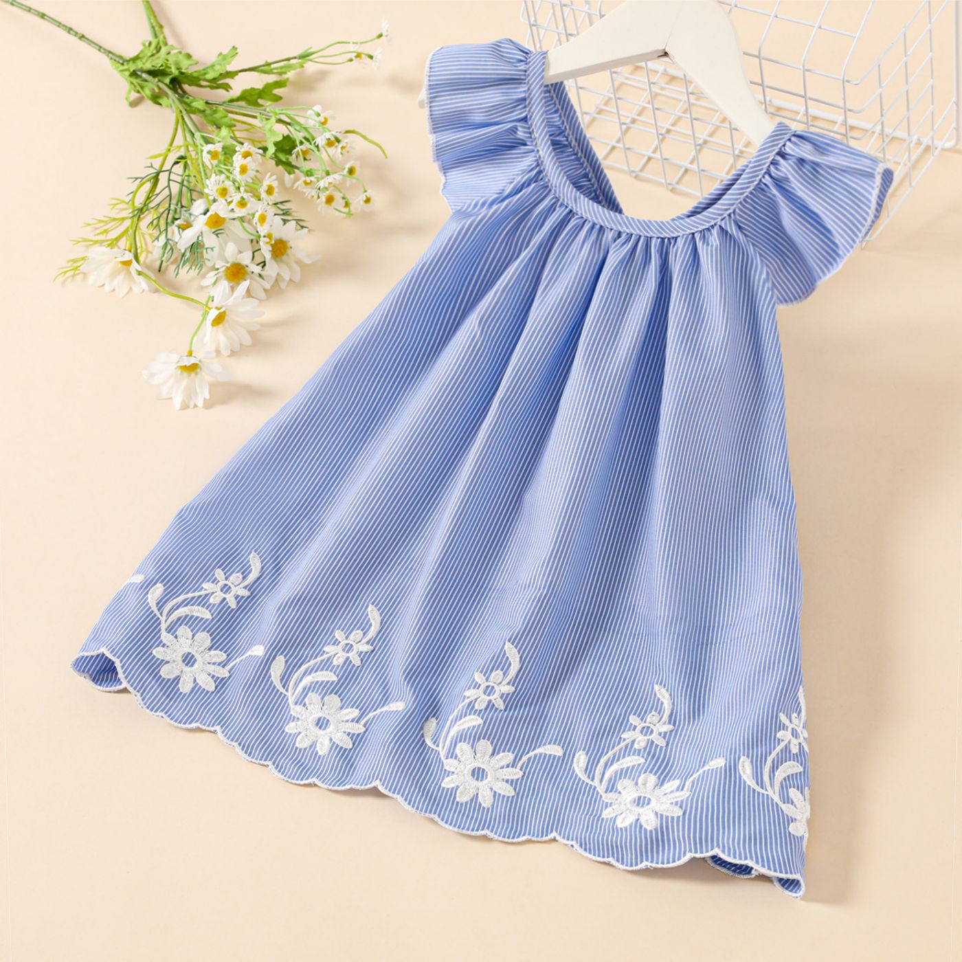 

Toddler Girl Floral Embroidered Blue Stripe Dress