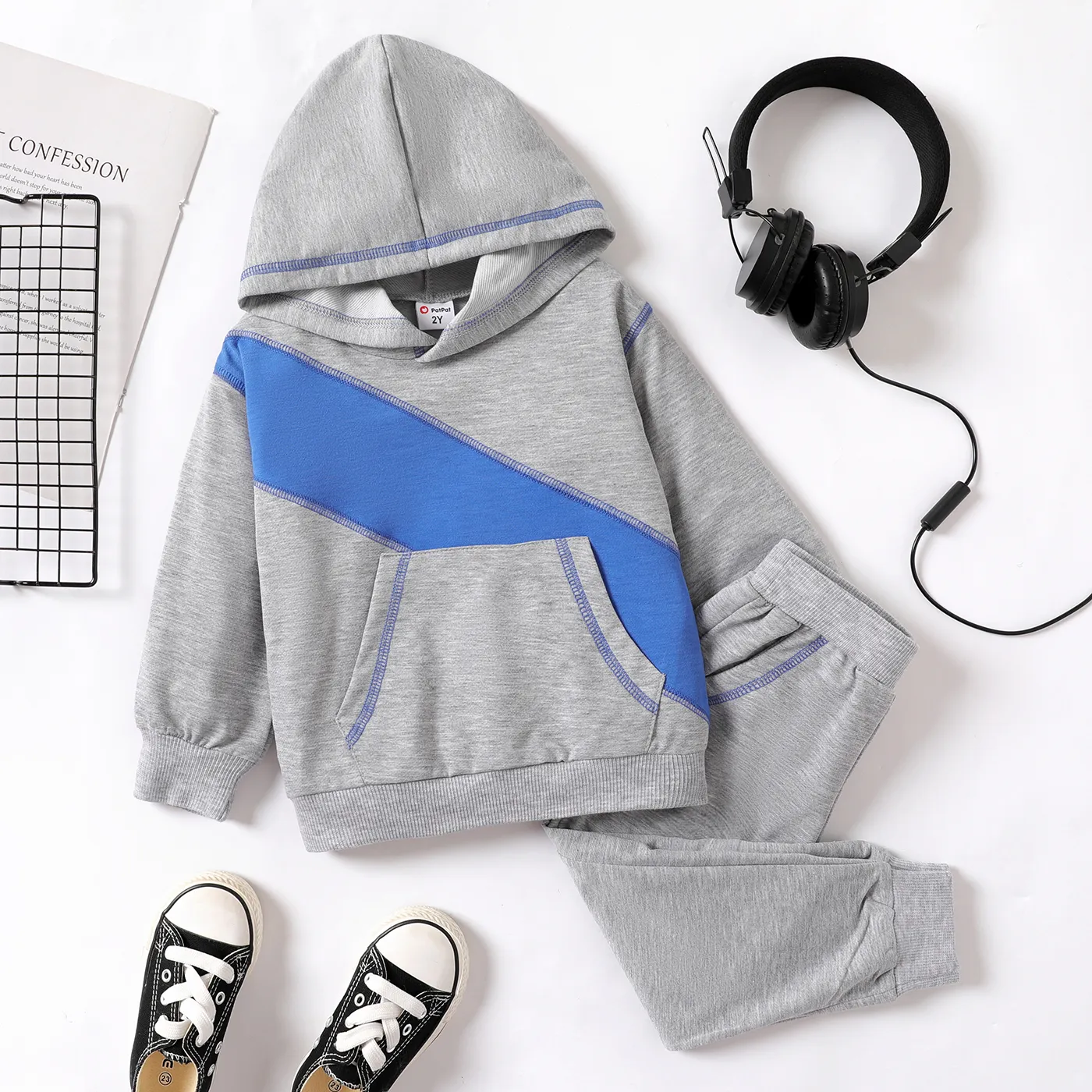 2pcs Toddler Boy Topstitching Detail Long-sleeve Hoodie and Pants Set  big image 1