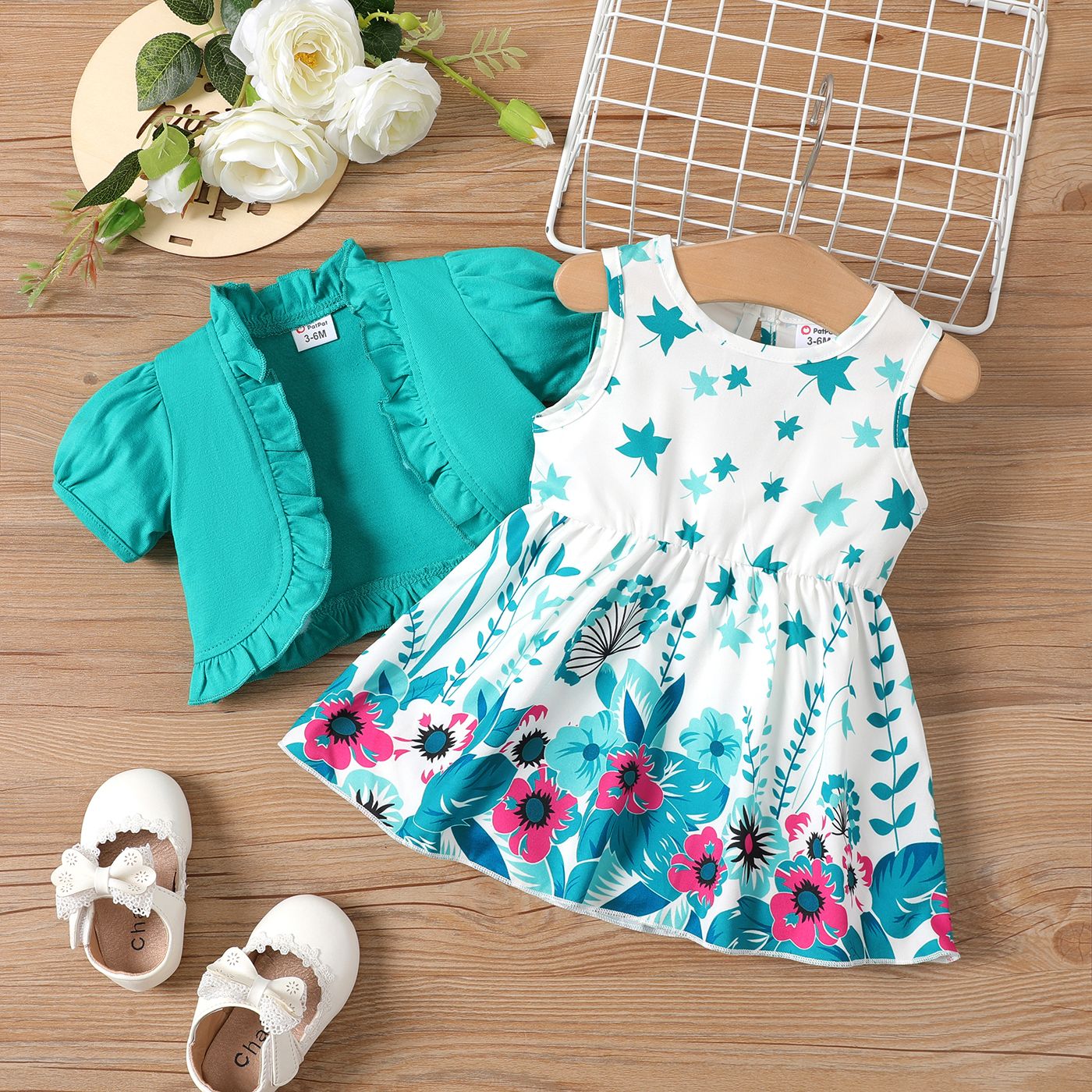 2pcs Baby Girl Ruffle Solid Puff-sleeve Top And Floral Print Sleeveless Dress Set