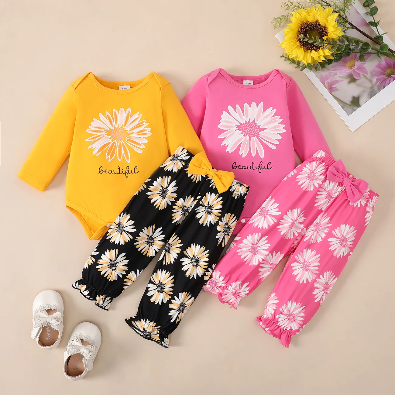 2pcs Baby Girl 95% Cotton Sunflower Print Long-sleeve Bodysuit and Ruffle Bow Decor Pants Set Pink big image 1