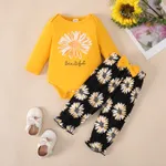 2pcs Baby Girl 95% Cotton Sunflower Print Long-sleeve Bodysuit and Ruffle Bow Decor Pants Set Yellow