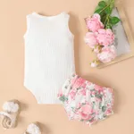 2pcs Baby Girl 95% Cotton Bow Decor Bear Embroidered Tank Bodysuit and Floral Print Shorts Set White image 2